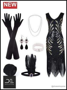 1920s V Neck Sequin Flapper Dress with 10-Piece Accessories Set